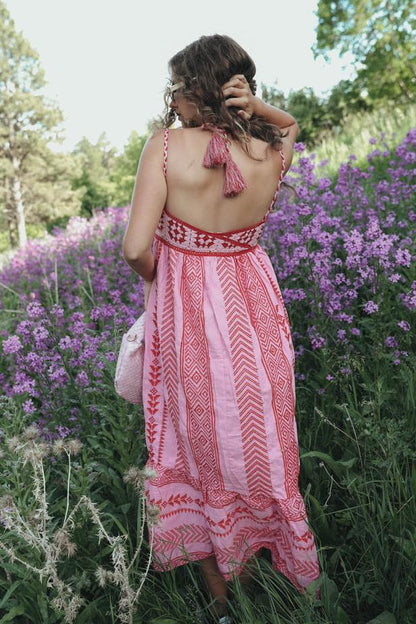 Geometric Embroidery Spaghetti Strap Lace-Up Back Maxi Dress