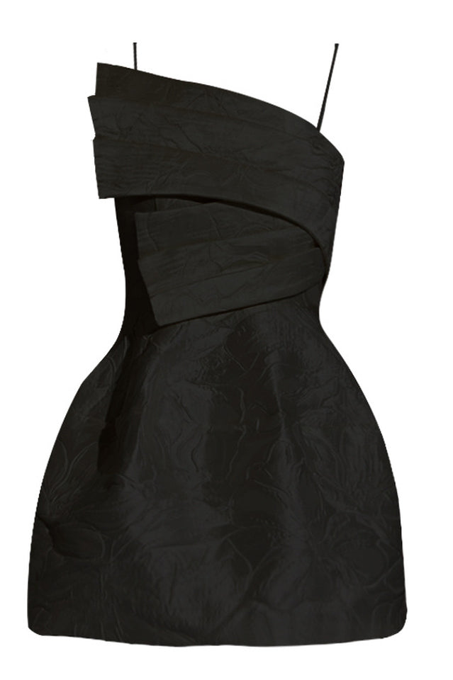 Jacquard Brocade Asymmetrical Pleated Overlay Spaghetti Strap Mini Dress