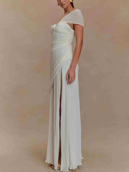 Off-shoulder Pleated Slit Maxi Dress