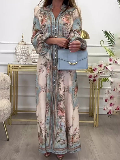 Floral Print V-neck Lantern Sleeves Maxi Dresses
