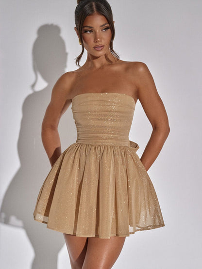 Bow Sequins Mesh Off-shoulder Mini Dresses