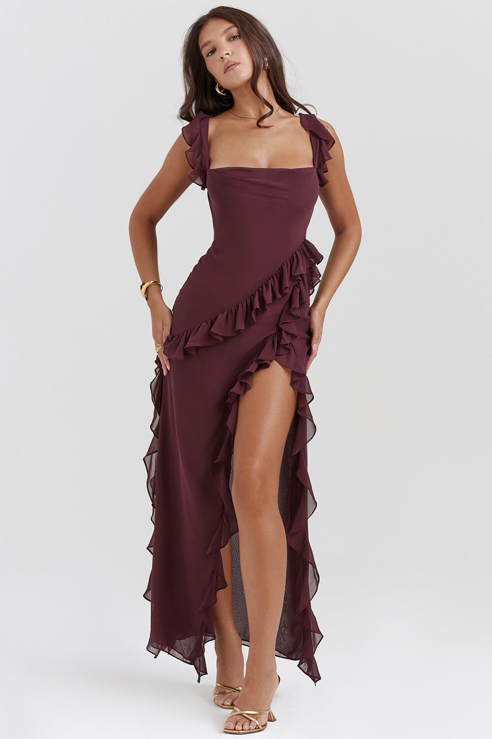 Square Neck Cap Sleeve Cascading Ruffle Trim High Slit Maxi Gown