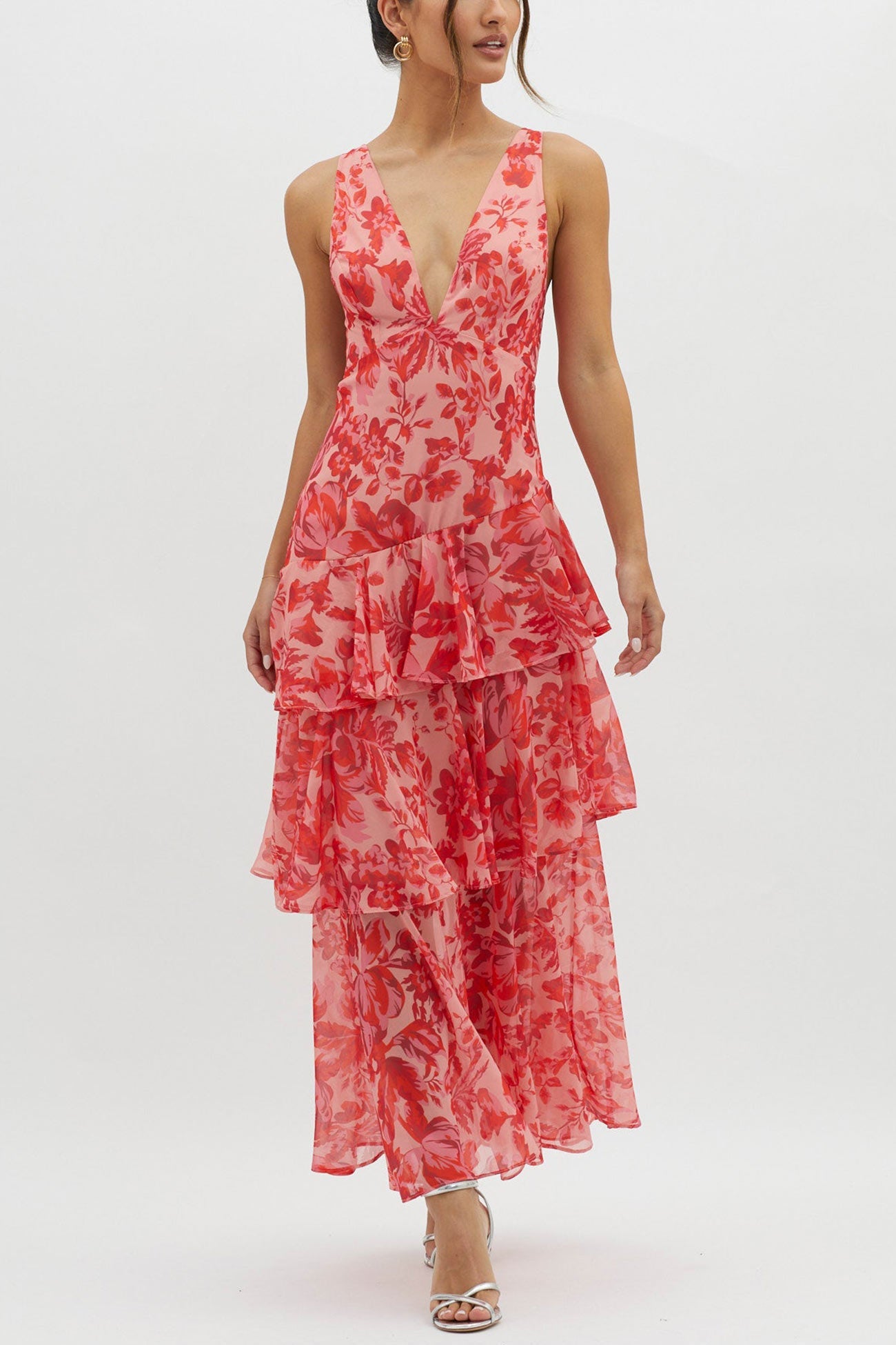 Floral Print Tie-up Back Chiffon Tiered Dress