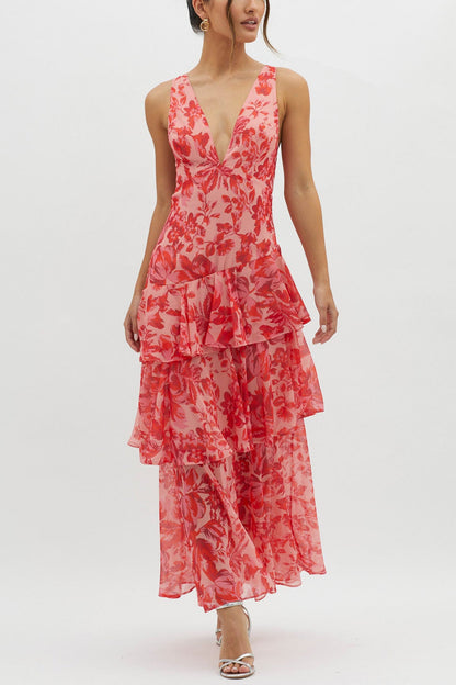 Floral Print Tie-up Back Chiffon Tiered Dress