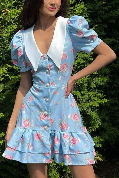 V-Neck Puff Sleeve A-line Ruffle Mini Dress