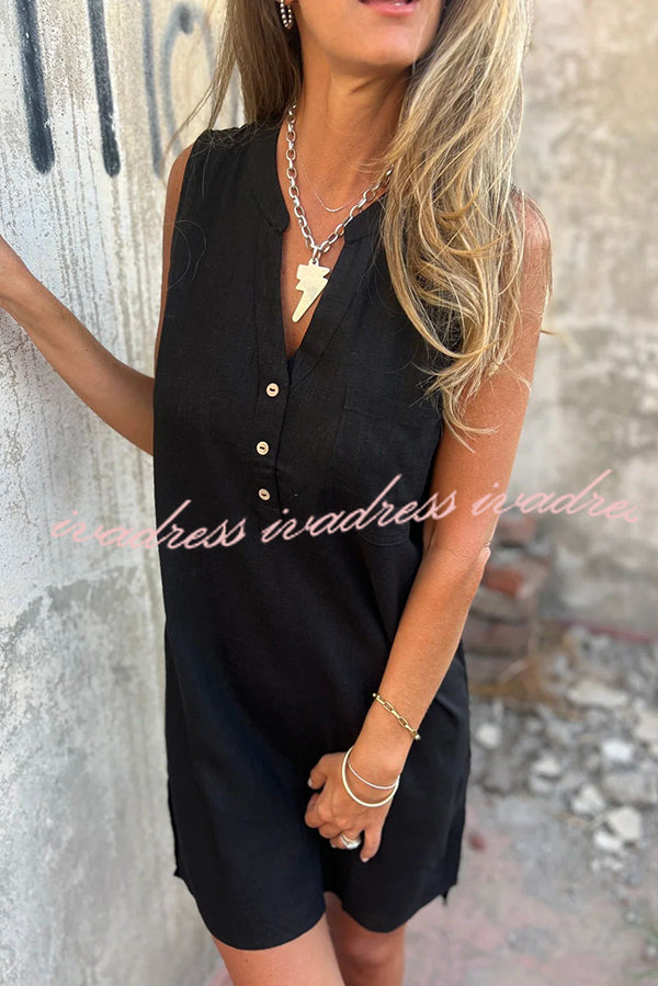 Solid Color Sleeveless V-neck Casual Pocket Mini Dress