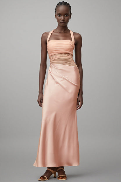 Devin Pink Mesh Panel Ruched Maxi Dress