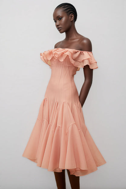 Eosf Pink Mesh Ruffle Midi Dress