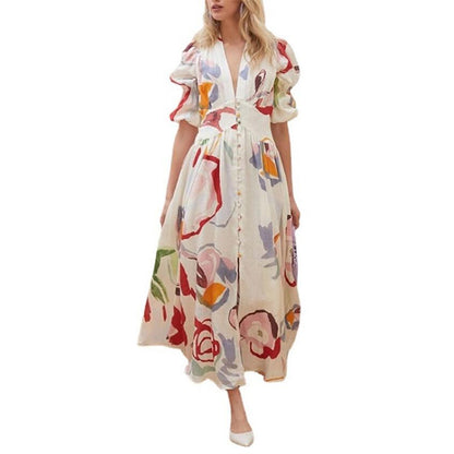 V-Neck Printed Maxi Dress in Blue, Gold, Green, Rose Red, White
