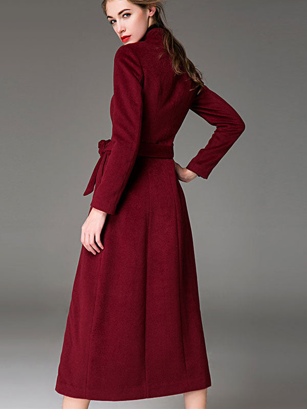 Wool Blend Coat Burgundy Belted Stand Collar Slim Fit Winter Outerwear For Women In Solid Color 2026
