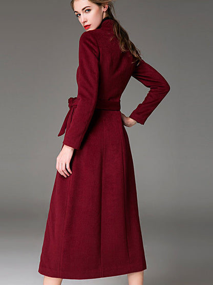 Wool Blend Coat Burgundy Belted Stand Collar Slim Fit Winter Outerwear For Women In Solid Color 2026