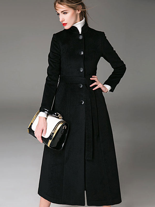 Wool Blend Coat Burgundy Belted Stand Collar Slim Fit Winter Outerwear For Women In Solid Color 2026