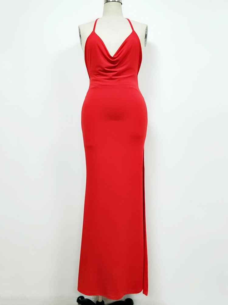 Sexy Maxi Halter Evening Dress Backless Split Birthday Party Slipdress