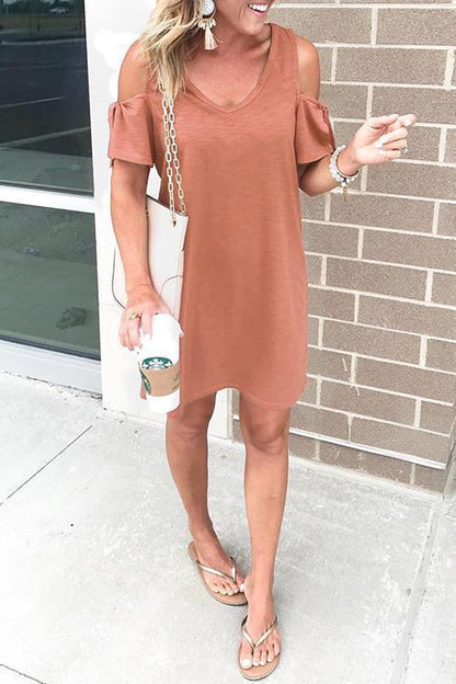 Margovil Cold Shoulder Short Sleeve Solid Dress