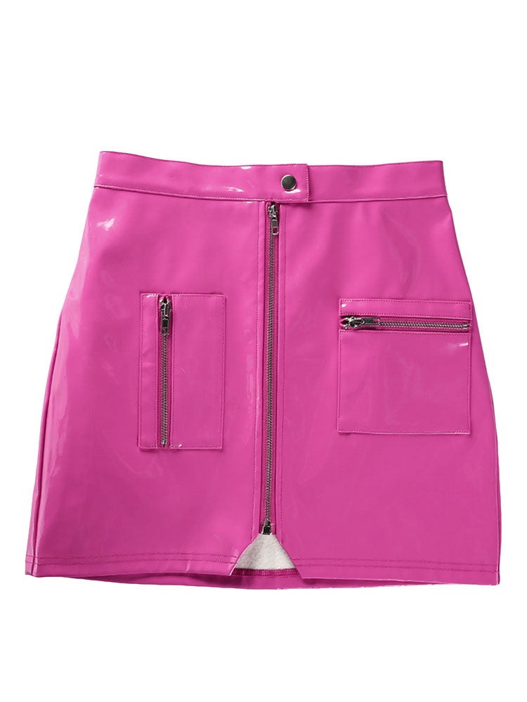 Sexy Mini Skirt PU Leather Like Zipper Short Bodycon Skirt With Pockets