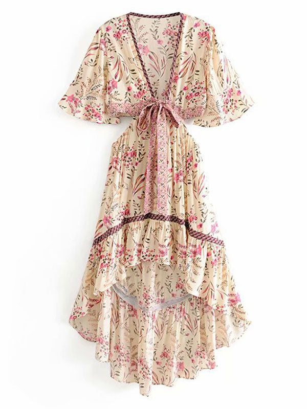 Floral High Low Boho Dress for Women - Cream Pink Cut Out Tie Front Flutter Sleeve Long Dress - Summer Beach Holiday 2026