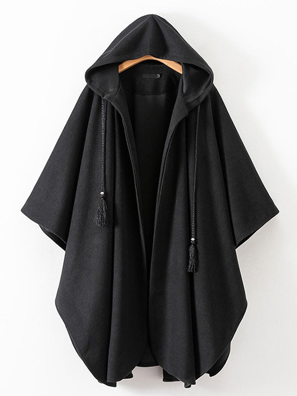 Women Poncho Hooded Black Poncho Oversized Tassels Cape