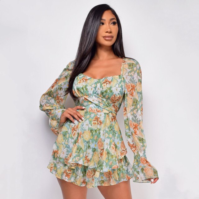 DressBetty - Floral Square Neck Ruffle Romper