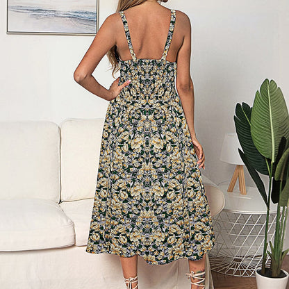 DressBetty - Sexy Sling Ruffle Dress Floral Print Button Sundress