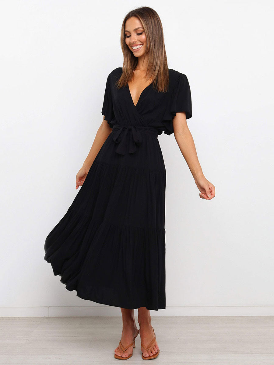 Boho Ruffle Tiered Midi Dress for Women - Lilac V Neck Flutter Sleeve A-Line Flowy Wrap Sun Dress - Summer Wedding Guest 2026