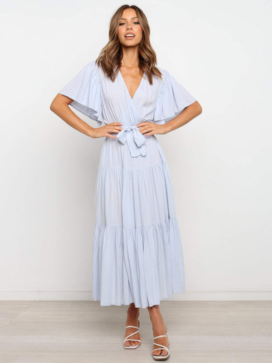 Boho Ruffle Tiered Midi Dress for Women - Lilac V Neck Flutter Sleeve A-Line Flowy Wrap Sun Dress - Summer Wedding Guest 2026