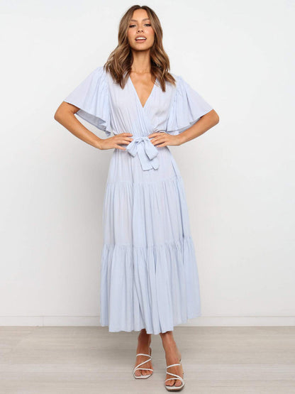 Boho Ruffle Tiered Midi Dress for Women - Lilac V Neck Flutter Sleeve A-Line Flowy Wrap Sun Dress - Summer Wedding Guest 2026