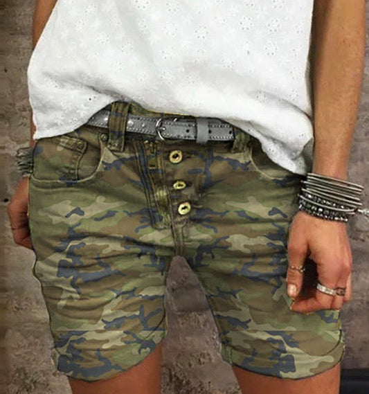Margovil Elastic Waist Buttons Skinny Camo Shorts