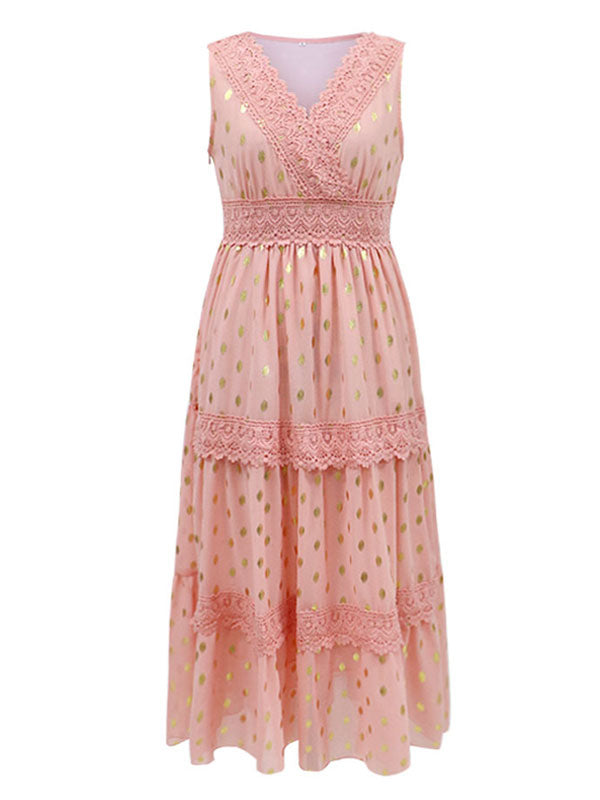 Polka Dot Boho Maxi Dress for Women - Lace Trim Tiered V Neck Sundress - Summer Beach Holiday 2026