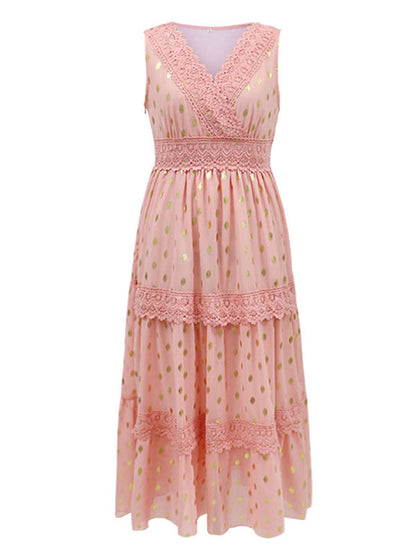 Polka Dot Boho Maxi Dress for Women - Lace Trim Tiered V Neck Sundress - Summer Beach Holiday 2026