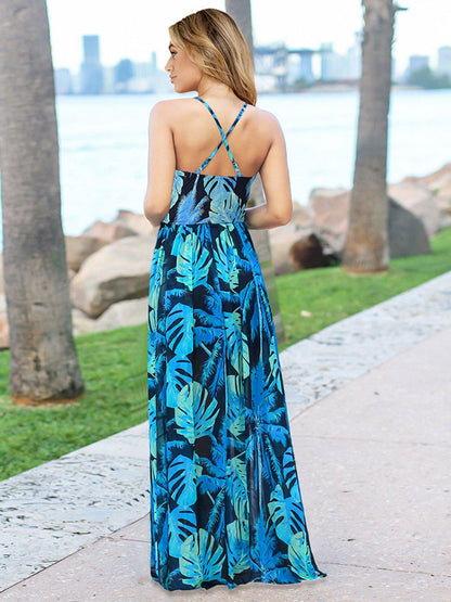 Tropical Floral Maxi Dress for Women - Leaf Print V Neck Backless Long Sundress - Summer Beach Vacation 2026