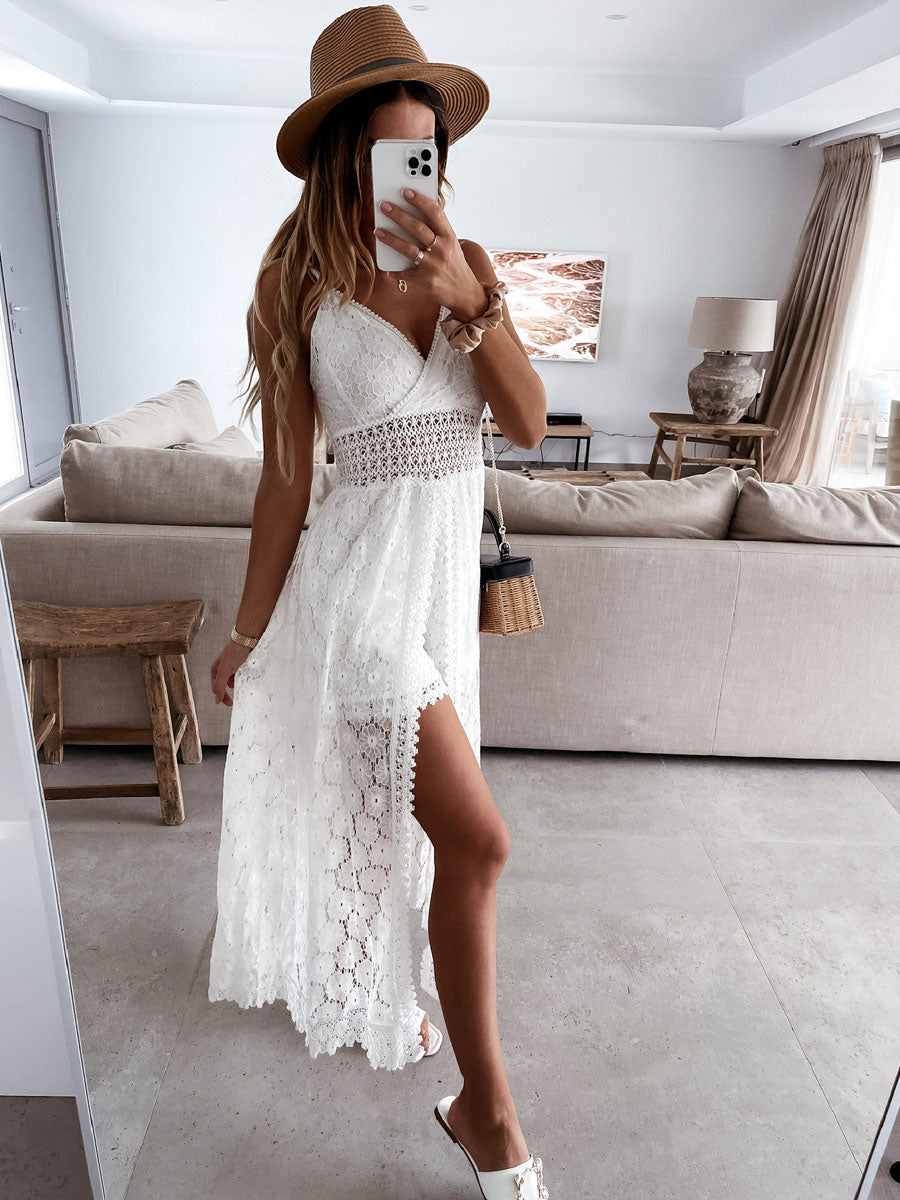 Boho Lace Maxi Slip Dress for Women - V Neck Open Front Romper - Summer Beach Vacation 2026
