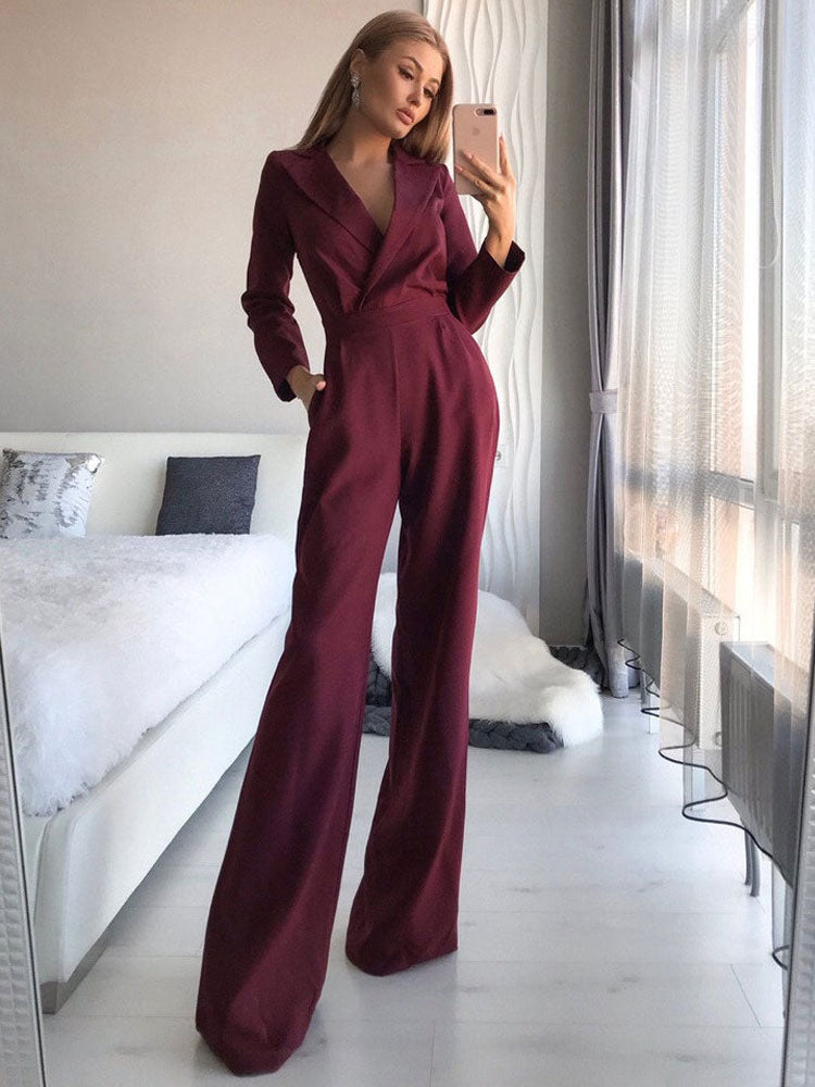 Black V-Neck Long Sleeves Jumpsuits For Women