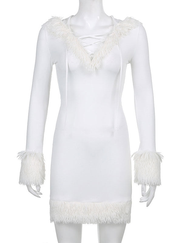 Women Bodycon Dress White Hooded Long Sleeves Stretch Christmas Halloween Cos Holiday Dresses