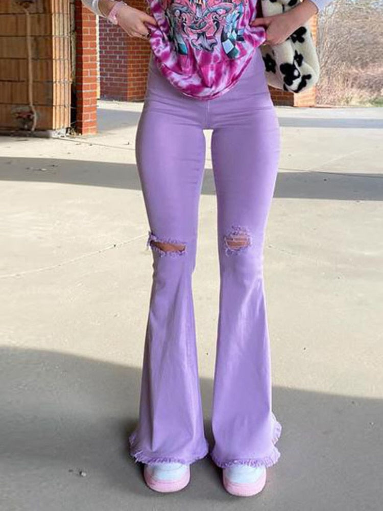 DressBetty - Butt-lifting Ripped Raw Edge Flared Pants Colorful High-stretch Women's Denim Trousers