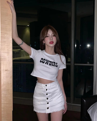DressBetty - 2024 Harajuku "Cowgirl" Print Slim Crop Top