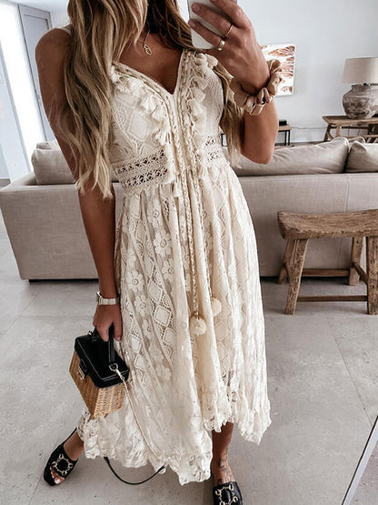 Lace Boho Long Slip Dress for Women - Tassel V Neck High Low Sundress- Summer Beach Vacation 2026