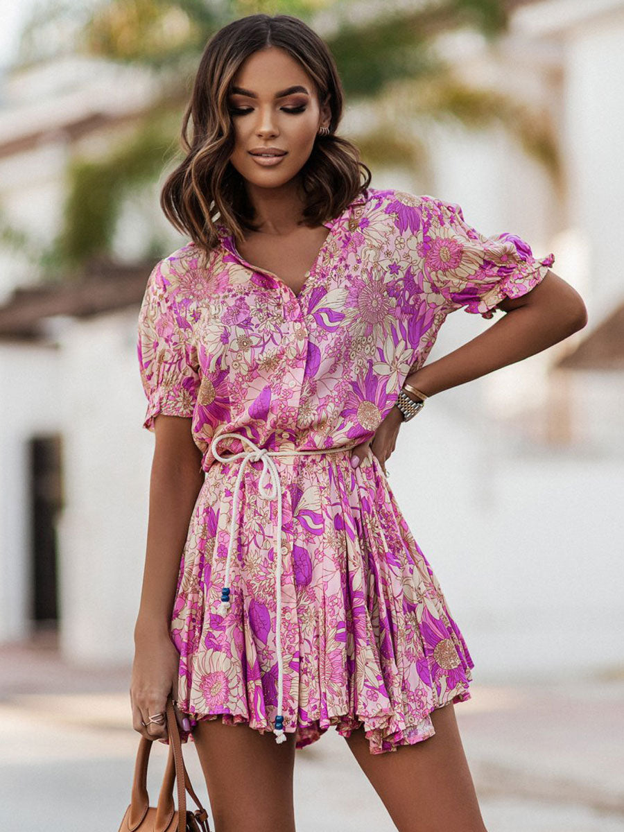 Vibrant Floral Shirt Dress for Women - Puff Sleeve Belted Mini Skater Dress - Summer Casual Vacation 2026