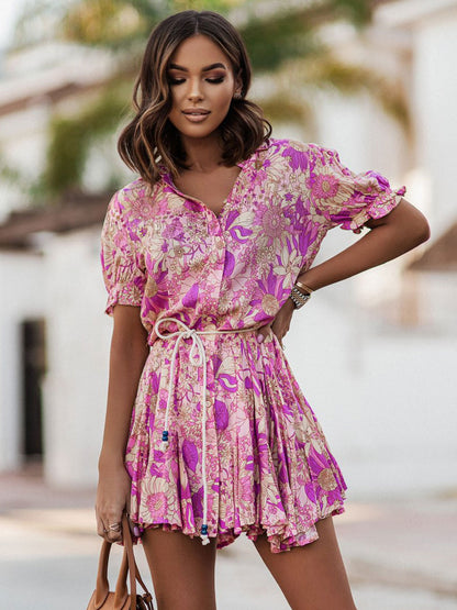 Vibrant Floral Shirt Dress for Women - Puff Sleeve Belted Mini Skater Dress - Summer Casual Vacation 2026