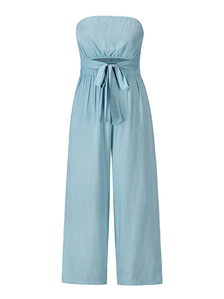 Light Sky Blue Jumpsuit Sleeveless Lace Up Backless Wide Summer Playsuit