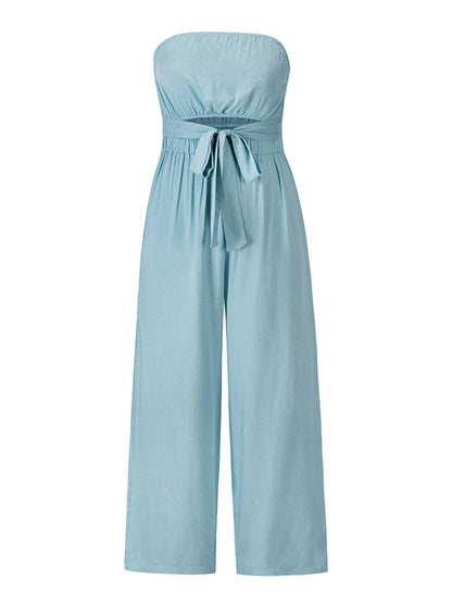 Light Sky Blue Jumpsuit Sleeveless Lace Up Backless Wide Summer Playsuit
