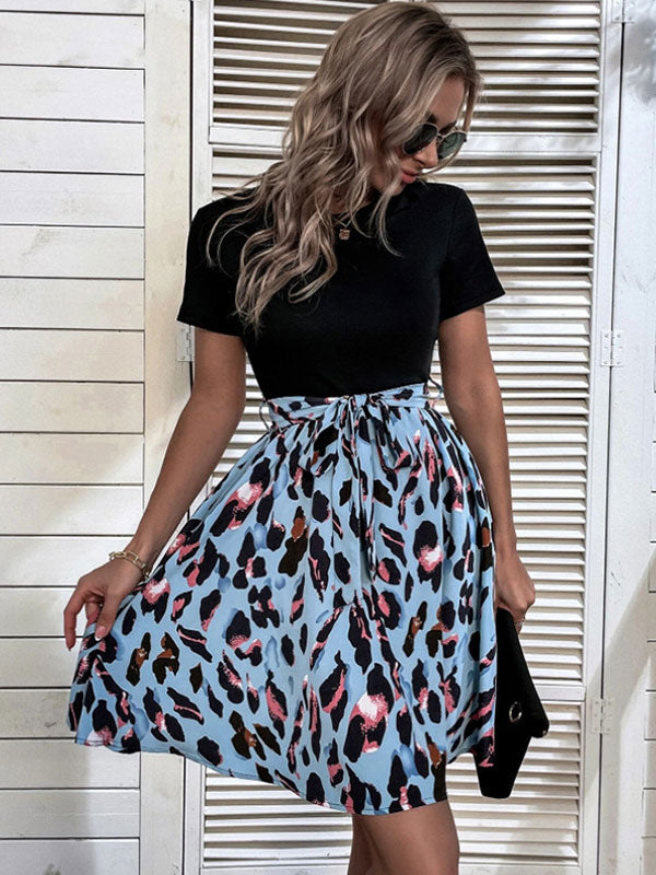 Leopard Print Mini Dress for Women - Jewel Neck A-line Short Sleeve Tie Waist Skater Dress - Summer Casual Streetwear 2026