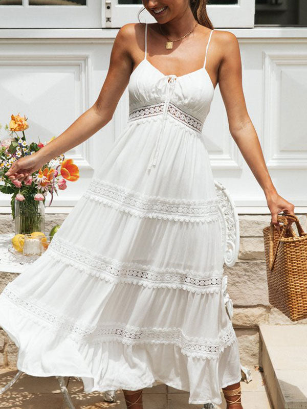Eyelet Lace Maxi Slip Dress for Women - White Boho Tiered Spaghetti Strap Sun Dress - Summer Beach Resort 2026