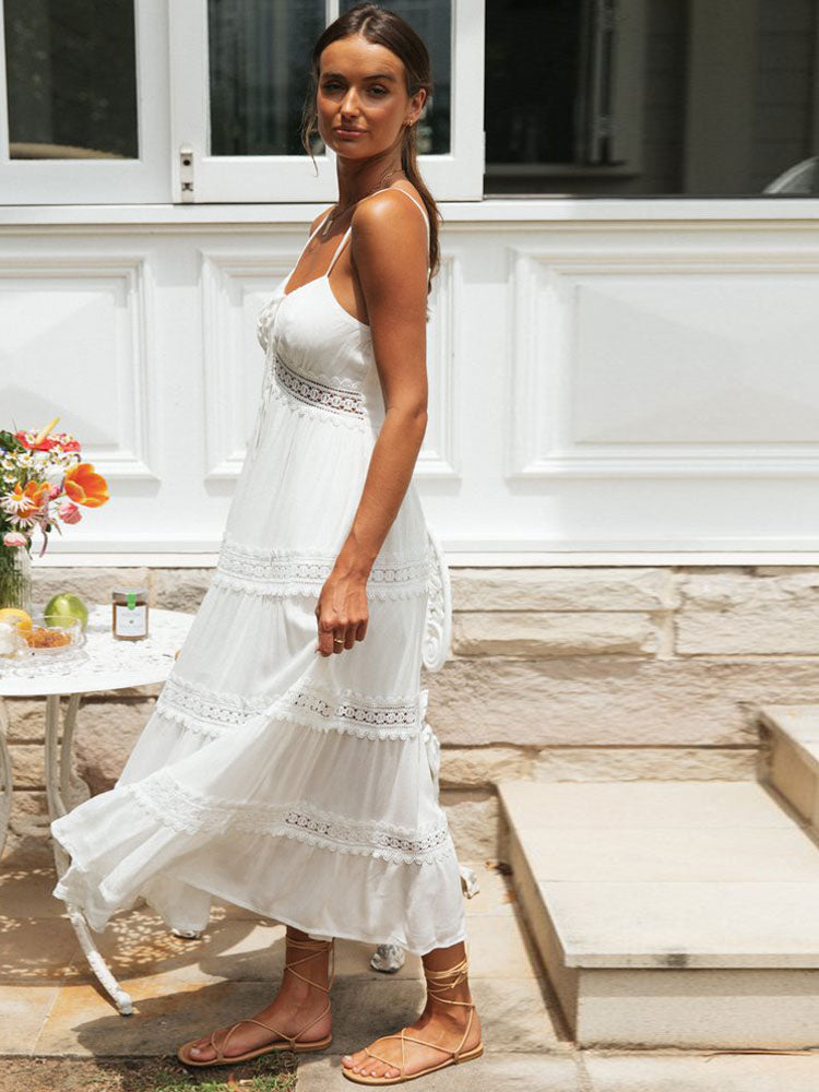 Eyelet Lace Maxi Slip Dress for Women - White Boho Tiered Spaghetti Strap Sun Dress - Summer Beach Resort 2026