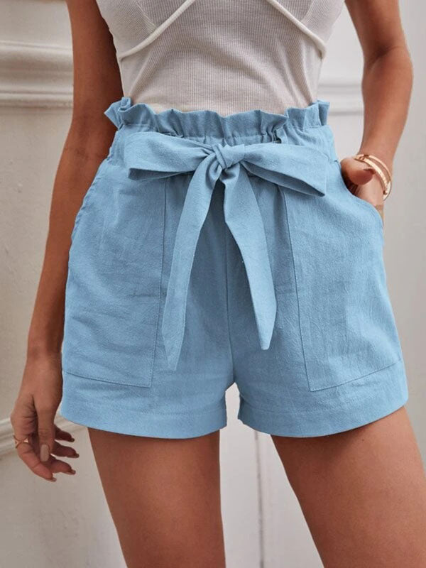 Linen Shorts Elastic Waist Bow Tie Pockets Cute Summer Bottoms