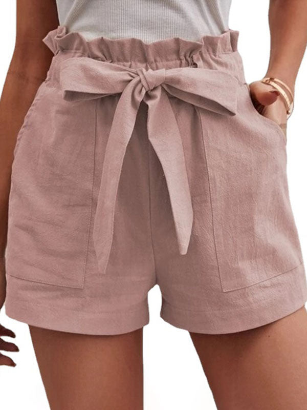 Linen Shorts Elastic Waist Bow Tie Pockets Cute Summer Bottoms