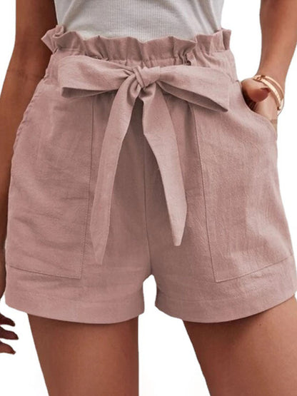 Linen Shorts Elastic Waist Bow Tie Pockets Cute Summer Bottoms