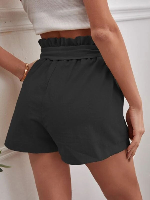 Linen Shorts Elastic Waist Bow Tie Pockets Cute Summer Bottoms