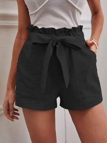 Linen Shorts Elastic Waist Bow Tie Pockets Cute Summer Bottoms