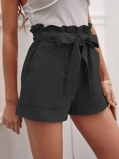 Linen Shorts Elastic Waist Bow Tie Pockets Cute Summer Bottoms