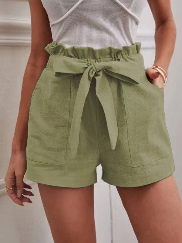Linen Shorts Elastic Waist Bow Tie Pockets Cute Summer Bottoms
